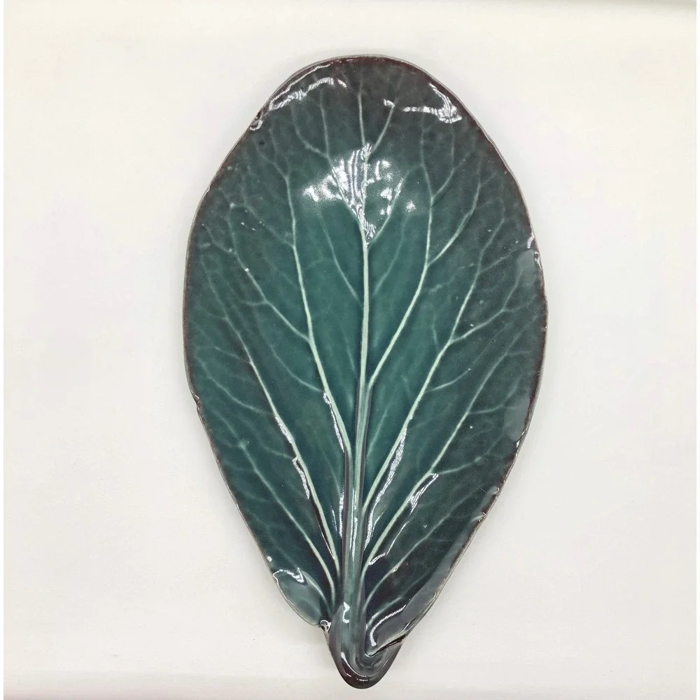 Dark Green Glazed Ceramic‎ Leaf Trinket Dish Botanical Decorative Platter 9 Inch